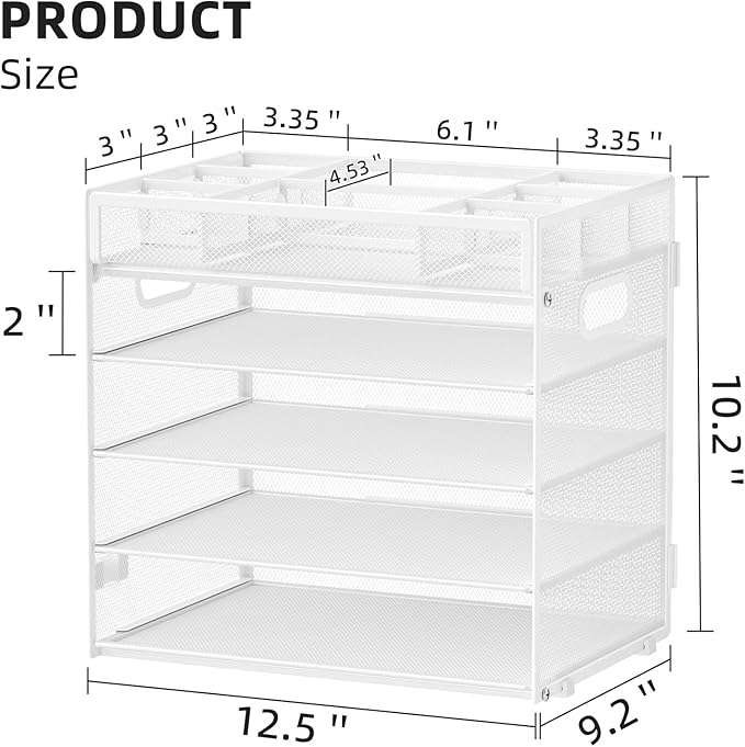 Marbrasse 5-Tier Letter Tray Paper Organizer with Handle, Multi-Functional Mesh File Organizer for Desk, Adjustable Compartments Mesh Desktop Storage for Office Supplies,White-DeskLoop Office