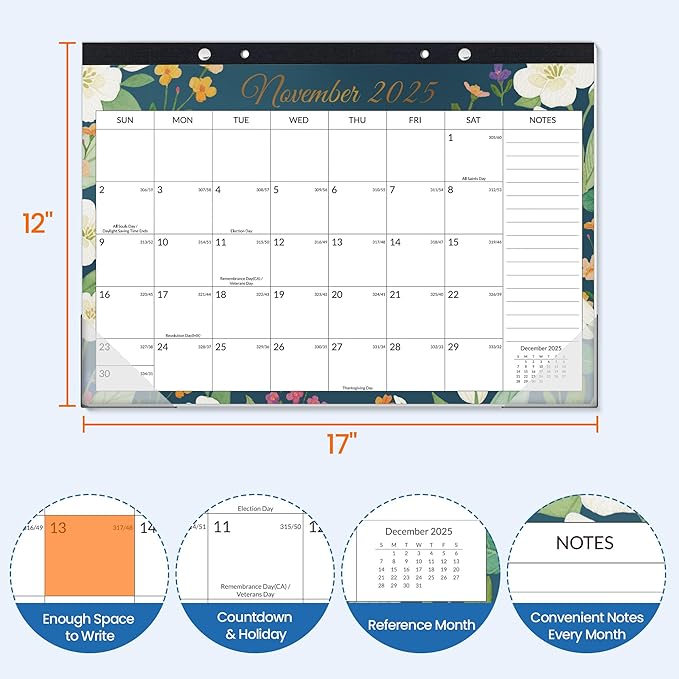 SUNEE Desk Calendar 2025-2026 - 18 Month Calendar Oct 2025 - Mar 2027, 17" x 12" Desktop Calendar with Notes, for Planning, Organizing in Family, School or Office - Colorful Floral 2026 Calendar-DeskLoop Office