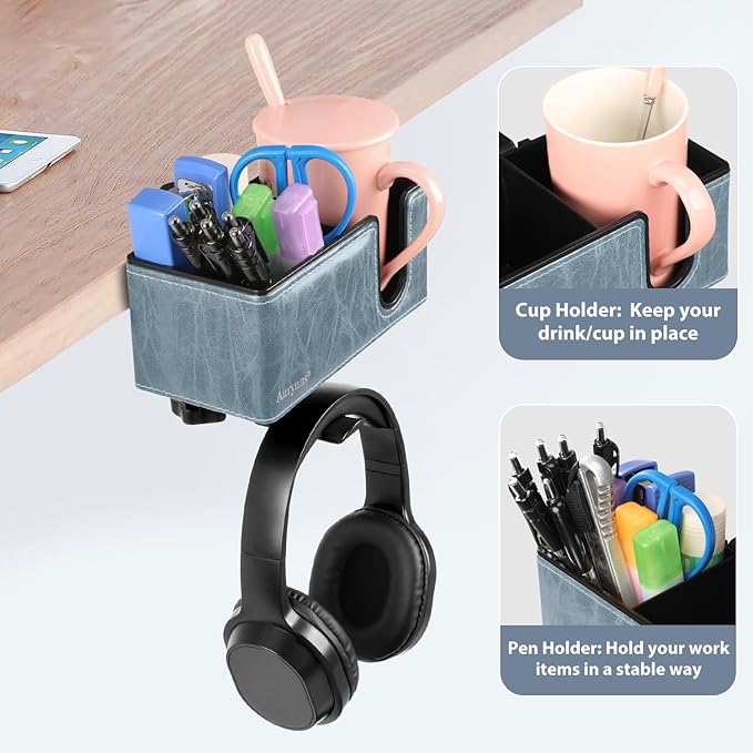 Desk Cup Holder Clip on Pen Holder Headphone Hanger Headset Stand Rotatable Clamp Hook Under Desk (Sky Blue)-DeskLoop Office