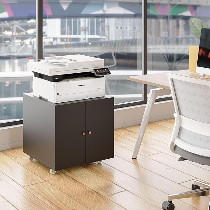 Printer Stand with Storage, 3D Heavy Duty Printer Table with Shelves, Large Printer Table for Home Office, Black Printer Stand on Wheels with Doors, Metal Fax Machine Stand for Workplace-DeskLoop Office