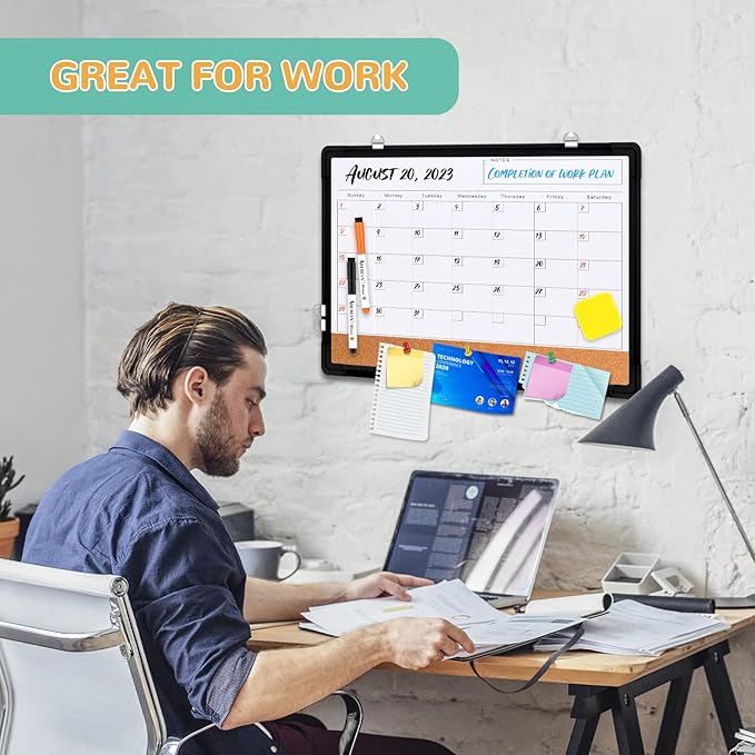 Monthly Calendar Whiteboard Dry Erase Cork Board Combination for Wall, 17x13 Magnetic Dry Erase Board, Double-Sided White Board, Portable Board for Office, Planning, Memo, School, Home (Black)-DeskLoop Office