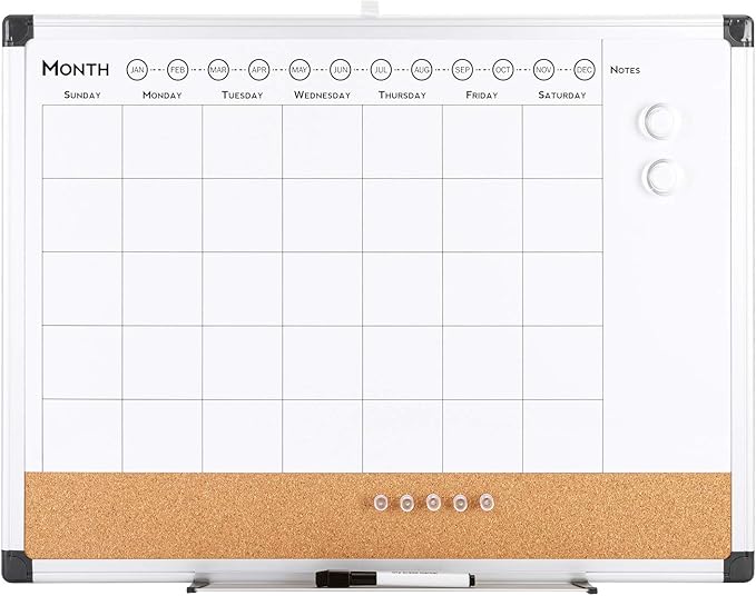 VUSIGN Monthly Calendar Whiteboard Dry Erase Cork Board Combo, 24" x 36" Planning Board, Silver Aluminium Frame-DeskLoop Office