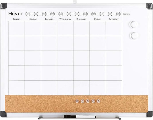 VUSIGN Monthly Calendar Whiteboard Dry Erase Cork Board Combo, 24" x 36" Planning Board, Silver Aluminium Frame-DeskLoop Office