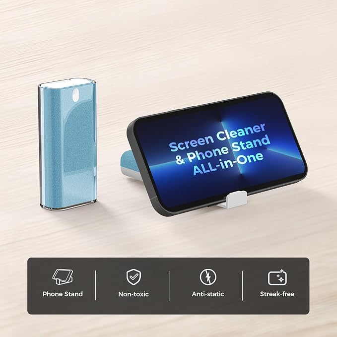 CLICK CLEAN Touchscreen Mist Cleaner, Screen Cleaner, All in One Screen Cleaner Spray with Microfiber and Phone Stand for All Phones, Laptop and Tablet Screens (Light Blue)-DeskLoop Office