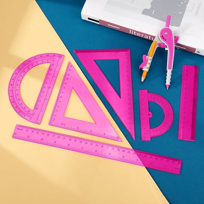 Zonon 1 Set Plastic Geometry Math Set 7 Pcs Includes 6'' / 4 '' Protractor, Drawing Compass, 45/60 Degree Triangle Rulers, 12'' / 6'' Math Ruler Transparent for Office Supplies(Pink)-DeskLoop Office