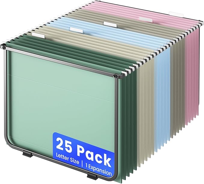 Hanging File Folders Letter Size, 25 Pack File Organizer Folders,1/5-Cut Tabs with Hanging File Folder Frame, Heavy Duty 1 Inch Expansion, Stay Organized for Your Home and Office Bulk File.-DeskLoop Office