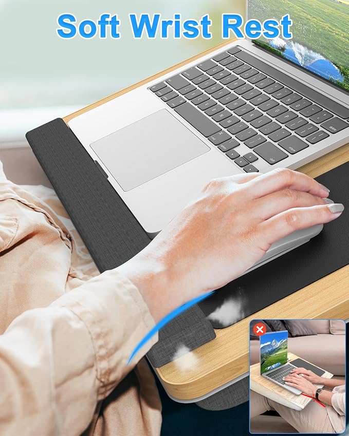 Laptop Lap Desk, Portable Large Laptop Desk for Bed, Up to 17 in Lap Table with Wrist Rest, Mouse Pad, Tablet Phone Slot, Portable Handle, Cushion (Light Brown)-DeskLoop Office