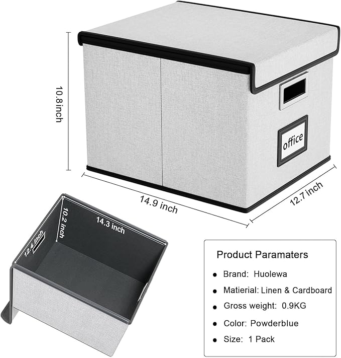 Huolewa File Organizer Box with Lid, Collapsible File Folder Organizer for Office Document Storage, Filing Box with Plastic Slide for Letter/Legal Size Hanging Files, Light Grey-DeskLoop Office