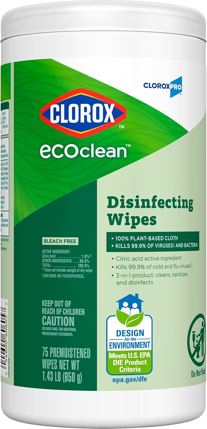 CloroxPro Clorox EcoClean Disinfecting Wipes, Multipurpose 100% Plant Based Cleaning Cloths, Antibacterial Disinfectant, Safe for Multi Surface Use, 75 Count (Pack of 6)-DeskLoop Office
