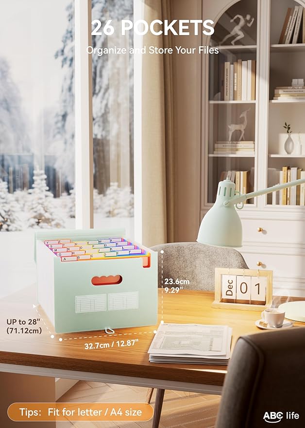 ABC life 26 Pockets Accordian File Organizer Expanding File Folders, Portable Letter A4 Size Filing Box,Plastic Monthly Receipt Document Organizer with Colored Tabs (Sage Green)-DeskLoop Office