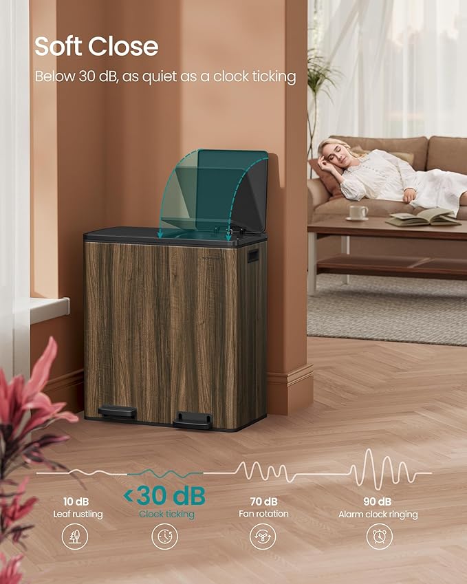 SONGMICS Trash Can, 2 x 8-Gallon Garbage Can for Kitchen, with 15 Trash Bags, 2 Compartments, Plastic Inner Buckets and Hinged Lids, Airtight, Dark Walnut ULTB060N02V1-DeskLoop Office