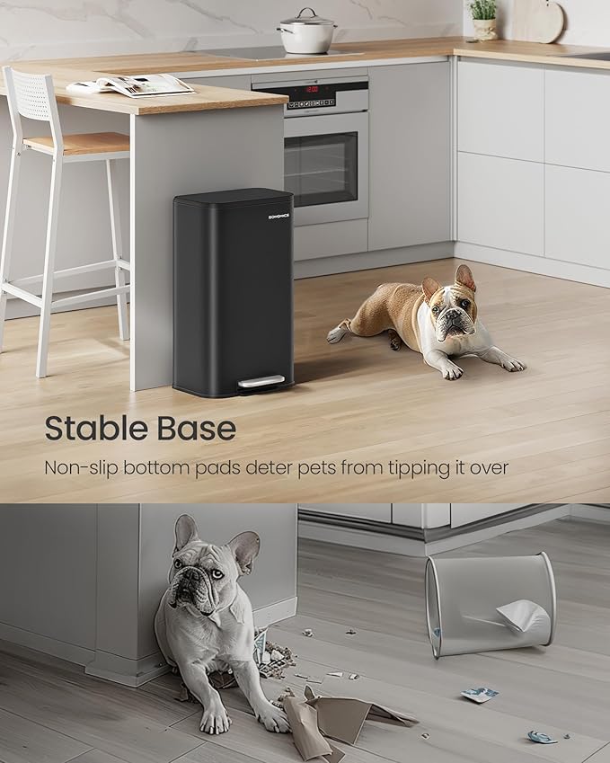 SONGMICS Kitchen Trash Can, 8-Gallon (30 L) Garbage Can with Lid, Stainless Steel, Soft Close and Stays Open, Inner Bucket, Wide Non-Slip Pedal, Ink Black ULTB546B01-DeskLoop Office