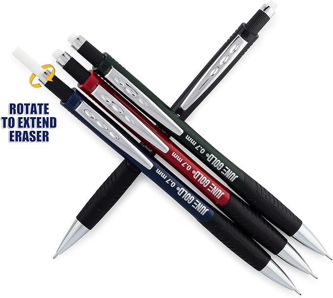 June Gold 8 Pack 0.7 mm HB #2 Mechanical Pencils, Extra Long Spin Eraser, 2 Lead Dispensers/w 220 Refills & 8 Refill Erasers, Break Resistant Lead, Soft Non-Slip Grip-DeskLoop Office