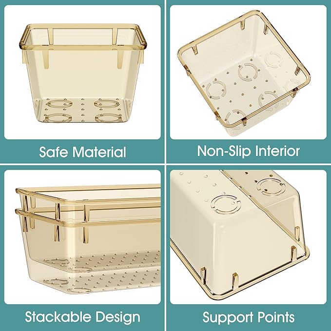 WOWBOX 25 PCS Plastic Drawer Organizer Set, 4 Sizes Desk Drawer Divider Organizers and Storage Bins for Makeup, Jewelry, Gadgets for Kitchen, Bedroom, Bathroom, Office, Clear Champagne-DeskLoop Office