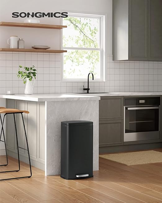 SONGMICS Trash Can with Lid, 8 Gallon Garbage Can, Stainless Steel Small Waste Bin with Step Pedal and Inner Bucket, Soft Close, Kitchen, Black ULTB102B01-DeskLoop Office