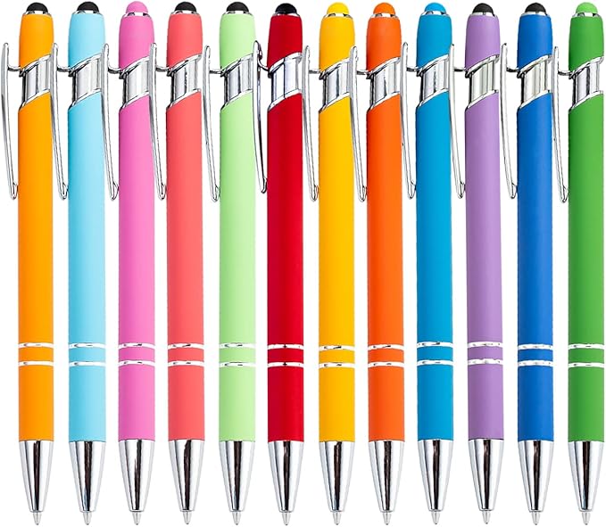 PASISIBICK 12 Pieces Rainbow Rubberized Soft Touch Ballpoint Pen with Stylus Tip, Stylish, Premium Metal Pen, Black Ink, Medium Point(Pack of 12)-DeskLoop Office