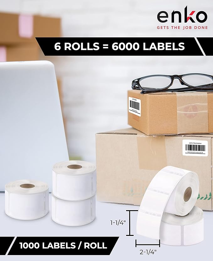 enKo (6 Rolls / 6000 Labels) 30334 Dymo Compatible Multipurpose Barcode (1-1/4" x 2-1/4")-DeskLoop Office