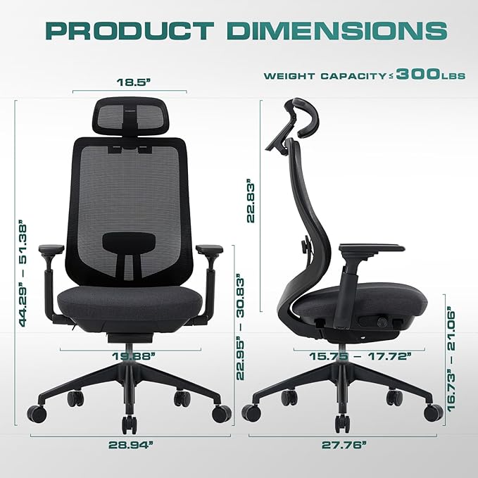COLAMY Ergonomic Mesh Office Chair,High Back Computer Executive Desk Chair,Lumbar Support with Adjustable Headrest and 4D Arms, Slide Seat, Tilt Lock-Black-DeskLoop Office