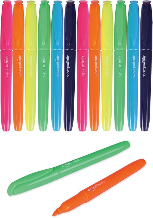 Amazon Basics Highlighters, Fluorescent Ink, Chisel Tip, Assorted Colors, School Supplies, 12 Pack-DeskLoop Office