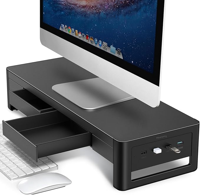 meatanty 2 in 1 Monitor Stand Riser with 2 Storage Drawers and 4 USB Ports, Metal Computer Monitor Stand Supports Transfer Data and Charging, Desk Organizer for PC,Laptop,iMac (21 inches)-DeskLoop Office