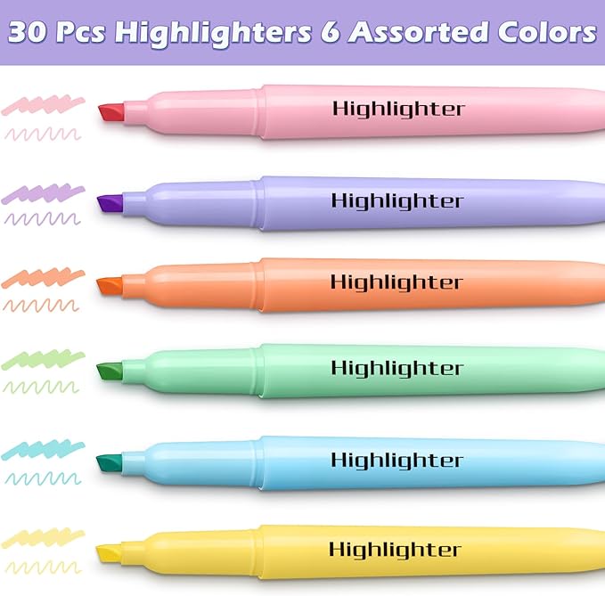 V-Opitos 30 Pack Highlighter in 6 Pastel Colors, No Bleed Highlighters, Bright Highlighters with Soft Chisel Tips, Ideal for Office and School Supplies-DeskLoop Office