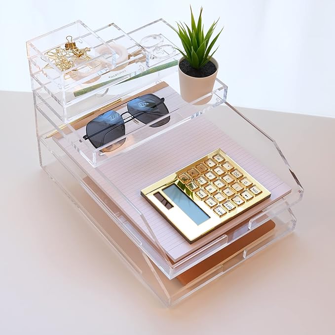 (2pcs Pack) Stackable Clear Acrylic Paper Trays, Desk File Organizer, A4 Paper Holder, Letter Tray-DeskLoop Office