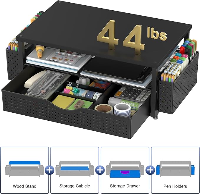 Desk Organizer and Accessories, Computer Monitor Stand Riser with Drawer and 2 Pen Holders, Office Desk Accessories & Workspace Organizers for Office Supplies (Black)-DeskLoop Office