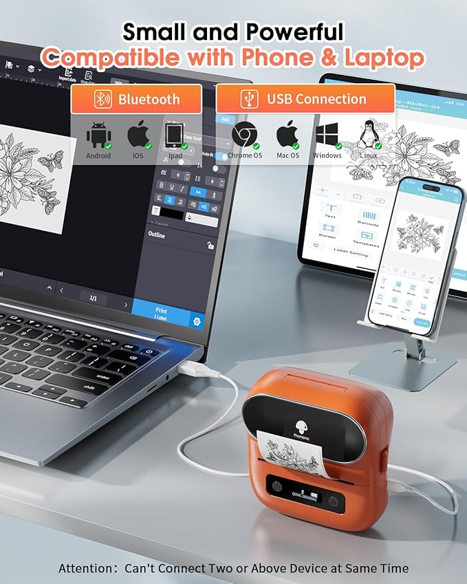 Phomemo M220 Label Printer, Barcode Printer, Bluetooth Thermal Label Maker Machine for Barcodes,Name,Address,Clothing Labeling,for Office Home,Compatible with Phones and Some PC Orange-DeskLoop Office