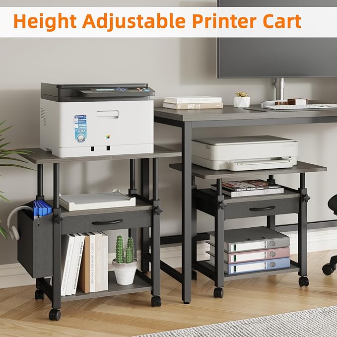 22"x15" Large Printer Stand with Drawer and-side Bag, Adjustable 3-Tier Printer Cart for Home Office, Rolling Printer Stand Fit Heat Press/Laser/3D Printer (Grey)-DeskLoop Office
