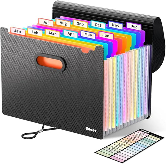 Sooez Upgraded Accordion File Organizer, Expanding File Folder with Deeper 12 Pockets - Never Cover Up Index Tabs, Monthly Bill Paper Receipt Document Organizer, Letter A4 Size for Home Office School-DeskLoop Office