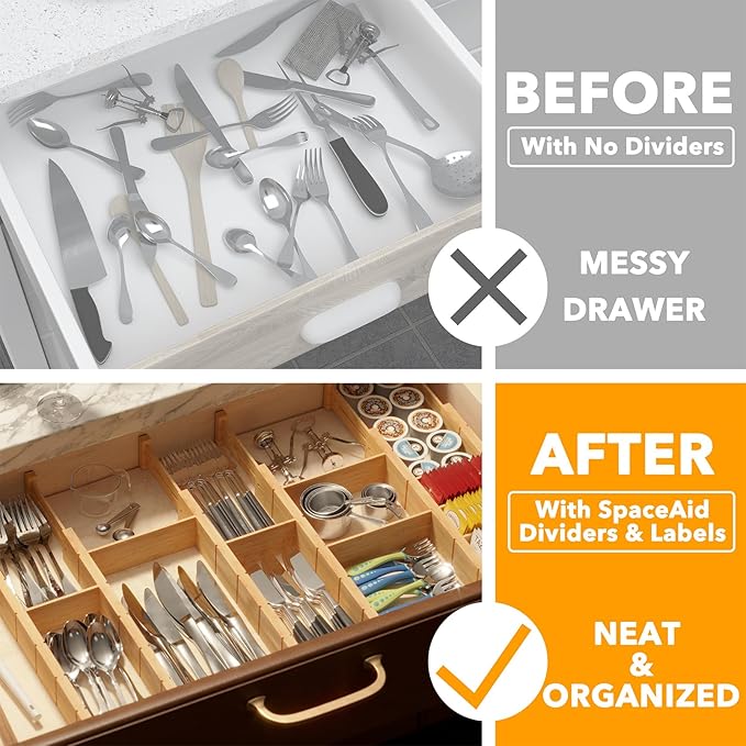 SpaceAid Bamboo Drawer Dividers with Inserts and Labels, Kitchen Adjustable Drawer Organizers, Expandable Organization for Home, Office, Dressers, 7 Dividers with 15 Inserts (17"-22" Natural)-DeskLoop Office