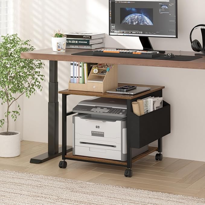 Lerliuo Large Printer Stand with Storage Shelf, 23.6 x 23.6 x 22.8 Industrial Printer Table for Home Office, Rolling Printer Cart Holder with Lockable Wheels, Mobile Mini Fridge Stand Table (Brown)-DeskLoop Office