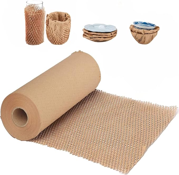 Honeycomb Packing Paper, 15"x300' Honeycomb Cushioning Bubble Wrap Paper Roll for Moving Shipping Breakables Packaging Gifts with 20 Fragile Sticker Biodegradable & Fully Recyclable Brown Kraft-DeskLoop Office