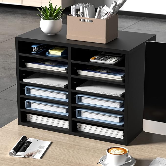 VEVOR Literature Organizers, 12 Compartments Office Mailbox with Adjustable Shelves,Wood Literature sorter 20.4x12x16.1 inches for Office, Home, Classroom, Mailrooms Organization, EPA Certified Black