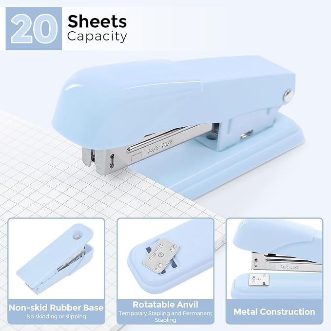 SKYDUE Blue Office Desk Accessories, Blue Office Supplies, Stapler, Tape Dispenser, Scissors, Clips and 1000pcs Staples,Desk Supplies for Women-DeskLoop Office