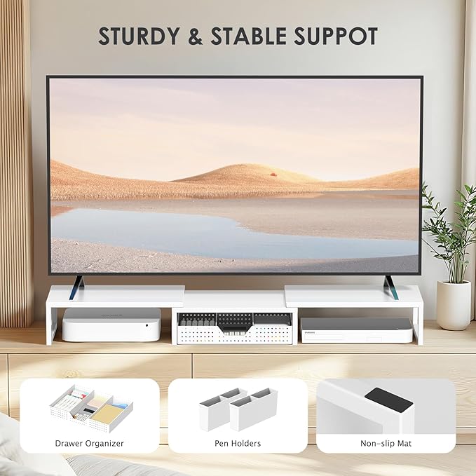 White Dual Monitor Stand Riser, Metal Desk Organizers and Accessories with Drawer and 2 Pen Holders, Computer Monitor Stand for Desk-DeskLoop Office