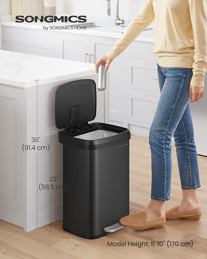 SONGMICS Kitchen Trash Can, 13 Gallon (50 L) Stainless Steel Garbage Can, with Stay-Open Lid and Step-on Pedal, Soft Closure, Tall, Large and Space-Saving, Black ULTB530B50-DeskLoop Office