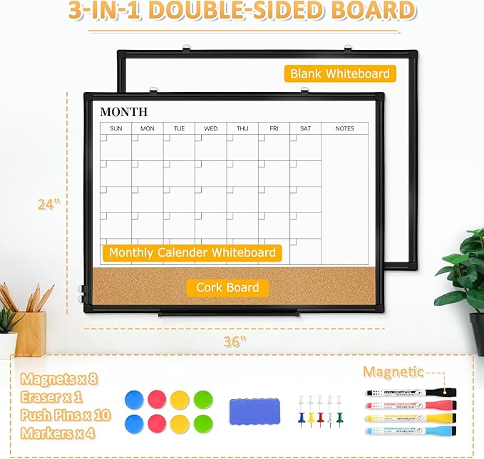 Large Dry Erase Calendar for Wall, 36"x24" Double-Sided Magnetic Whiteboard Calendar with Cork Board, Black Aluminum Frame Monthly White Board Memo Message Board for Office, Home, School-DeskLoop Office