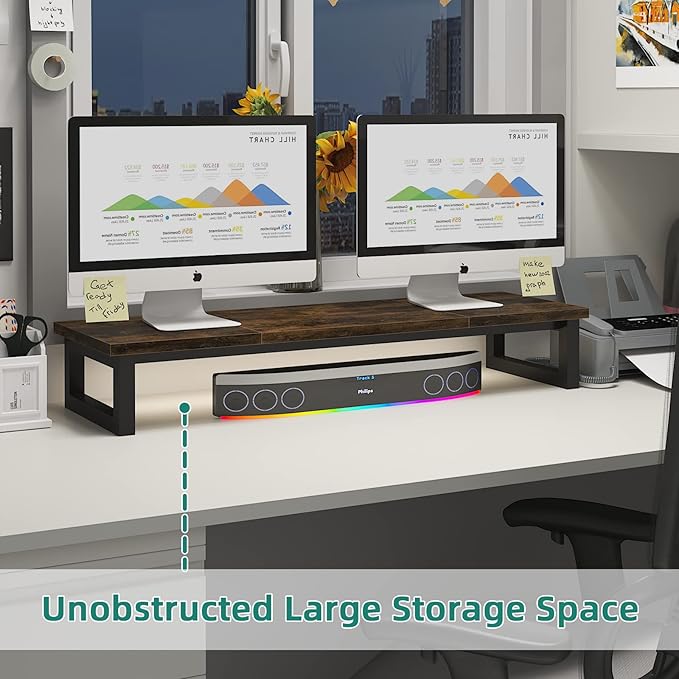 Dual Monitor Stand Riser, 39Inch Large Monitor Stands for 2 Monitors, Computer Monitor Stand, Wooden Desktop Oraganizer Shelf for Office Desk Computer,Laptop,TV-DeskLoop Office