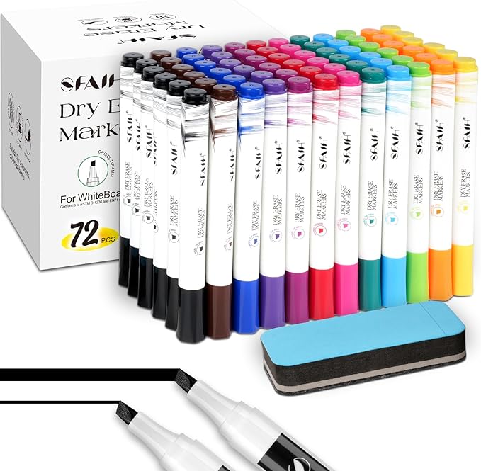 SFAIH Dry Erase Markers Chisel Tip with Magnetic Whiteboard Eraser, 72 Bulk 12 Assorted Colors White Board Markers for Teachers, Versatile Lines, 1s Quickly Dry, Perfect for Classroom and Office-DeskLoop Office