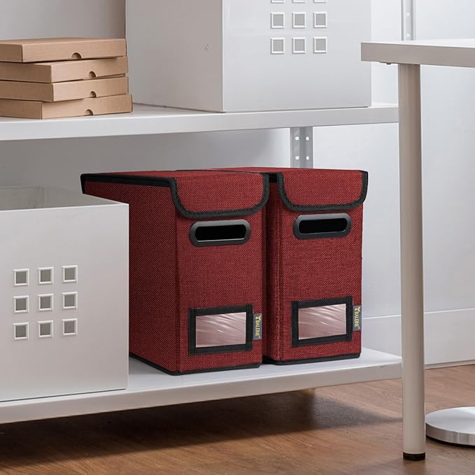 BALEINE File Organizer Box with Lid, Collapsible File Folder Organizer with Plastic Slide, Hanging File Folder Box for Office Document Storage (2 Pack, Red, S)-DeskLoop Office