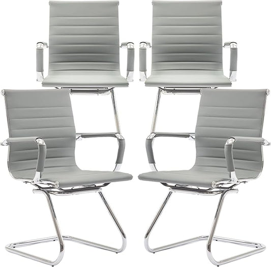 Office Desk Chair No Wheels Set of 4 PU Leather Computer Chairs Mid Back Guest Chairs for School Reception Conference Waiting Room, Grey-DeskLoop Office