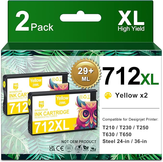 2PKS 712 Yellow Ink Cartridge (3ED69A, 29-ML) Used for HP DesignJet T650, T630, T250, T230, T210 & Studio Plotter Printers-DeskLoop Office
