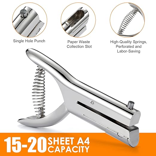 Hole Punch 2" Reach 3/8 inch Single Hole Punch,Heavy Duty Hole Puncher Single,Paper Punch Portable Hand Held Long Hole Puncher for Paper Cards Plastic Cardboard (Silver) (3/8"-10mm Hole)-DeskLoop Office