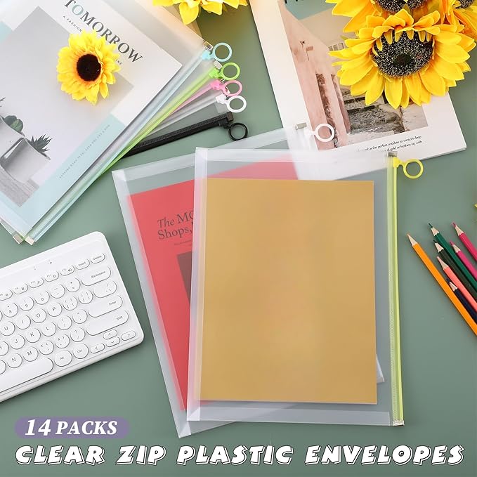 Yexiya 14 Pcs Back to School Clear Plastic Zip Envelope A4 Zipper Document Folder 13 x 9.7In File Folder Expanding Envelope Pouch for Paper Pencil Storage Office Supplies (Stylish Colors)-DeskLoop Office