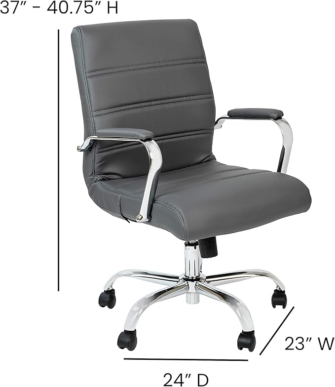Flash Furniture Whitney Mid-Back Swivel LeatherSoft Desk Chair with Padded Seat and Armrests, Adjustable Height Padded Office Chair, Gray/Chrome-DeskLoop Office