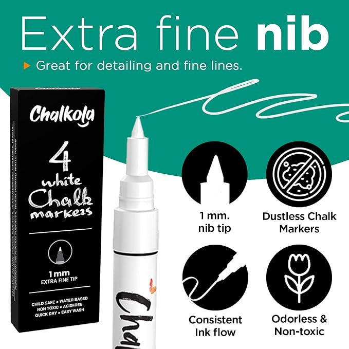 Extra Fine Tip White Chalk Markers (4 Pack 1mm Point) Chalk Pens - White Dry Erase Marker Pen for Blackboard, Chalkboards, Windows, Glass, Bistro, Signs