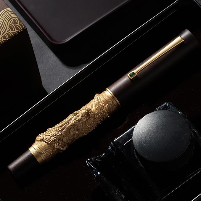 Hongdian N24 Fountain Pen Fine Nib, Golden Dragon Stereoscopic Carving with Red Wood Design-DeskLoop Office