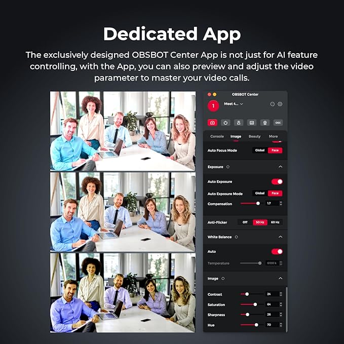 OBSBOT Meet AI-Powered 4K Webcam, AI Framing & Autofocus, Webcam with Microphone, Background Bokeh, 60 FPS, HDR Low-Light Correction, Beauty Mode, Webcam for PC, Streaming, Conference, Gaming, etc.-DeskLoop Office