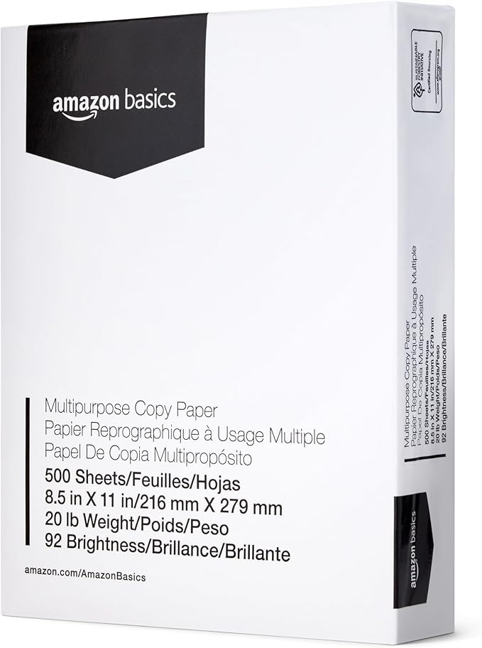 Amazon Basics Multipurpose Copy Printer Paper, 20 lb, 8.5 x 11 Inches, 8 Reams (4,000 Sheets), 92 Bright, White-DeskLoop Office